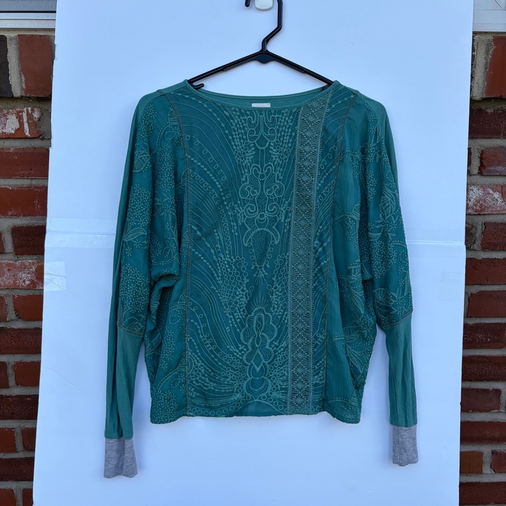 Anthropologie Tiny Teal Green Embroidered Dolman Sleeve Knit Top XS Style 71904T